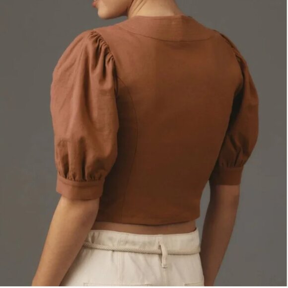 Anthropologie-Linen Blend-Scoop Neck-Puff Sleeve-Crop Corset-Rust-Size M-NWT - Picture 3 of 12